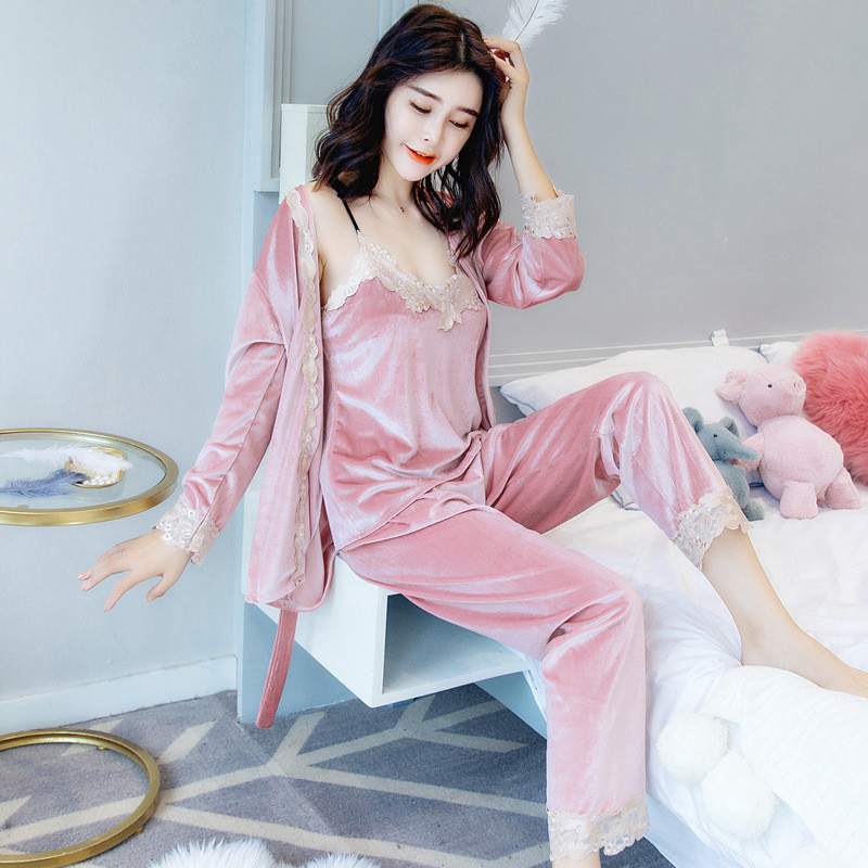 JULY'S SONG Autumn Winter Warm Pajamas Set Woman Sexy Pajamas Sleepwear For Women Sleeveless Strap Nightwear Long Pant Robe 201113