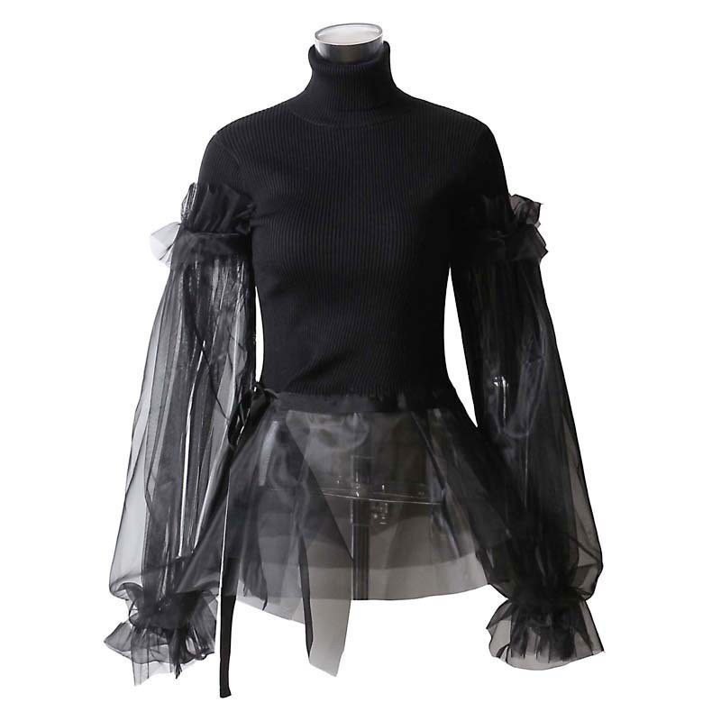 TWOTWINSTYLE Patchwork Sweater Women Turtleneck Puff Long Sleeve Ruffle Hem Knitting Pullover Tops Female Spring Korean 201223