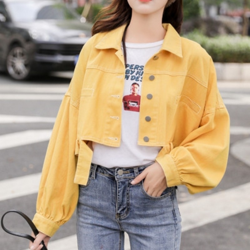 autumn short female jacket long sleeve women's denim jacket casual korean loose jean jackets female red yellow white coat women T200319