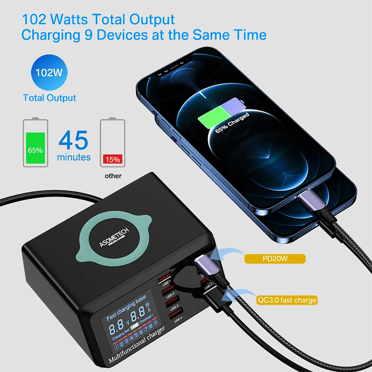 100W 8 Ports USB Charger QC30 Adapter Wireless Charging Station PD Fast Charger For iPhone 13 12 11 Samsung5507118