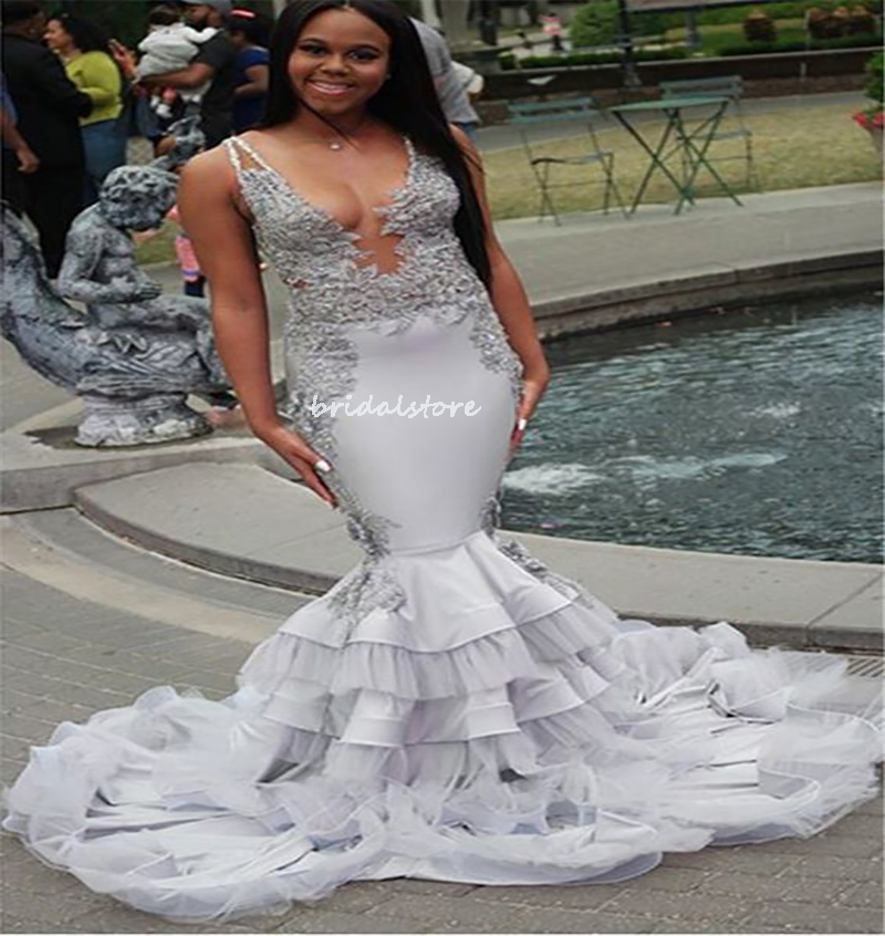 Aso Ebi Silver African Prom Dress With Lace Sexy V Neck Trumpet Mermaid Evening Gowns 2022 Black Girls Formal Pageant Occasion Party Dress Robes De So