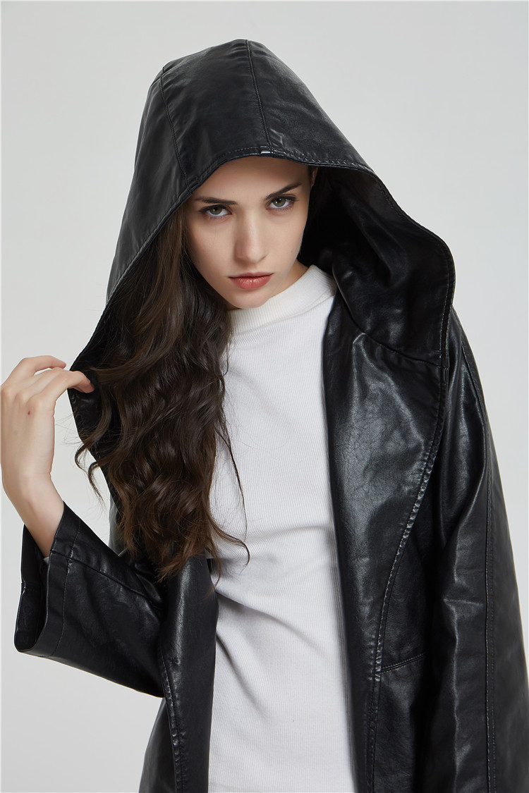 JS0098J-New womens leather jacket in autumn and winter medium long slim hood micro trumpet sleeve fashion leather trench coa 201030