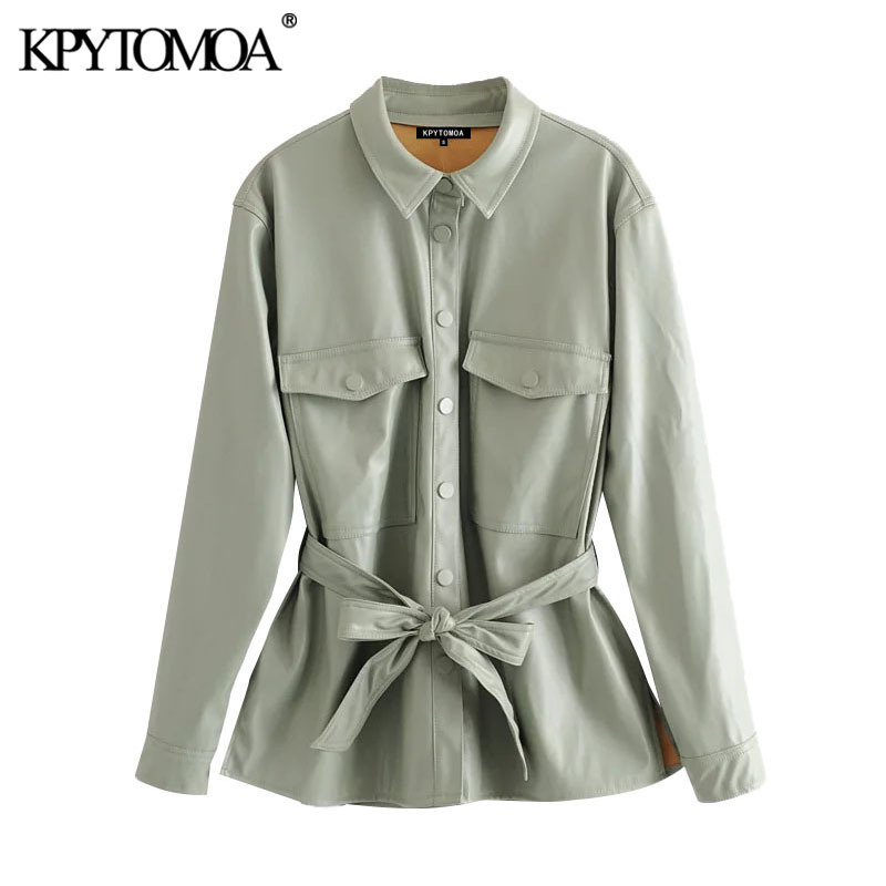 KPYTOMOA Women 2020 Street Fashion PU Faux Leather With Belt Jacket Coat Vintage Long Sleeve Pockets Female Outerwear Chic Tops LJ201127