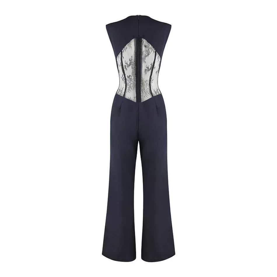 Ailigou Autumn New Women'S Jumpsuit Celebrity Party Sexy Bodycon Sleeveless Round Neck Lace Print Hollow Wide Leg Jumpsuit T200509