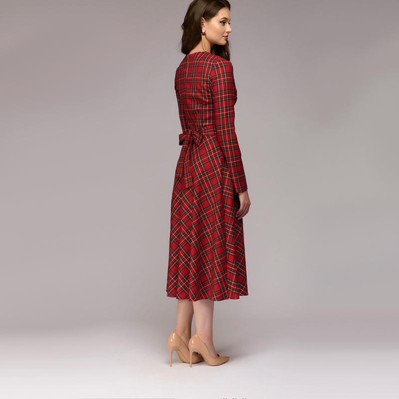 Women Vintage Sashes Plaid Dress Ladies Long Sleeve o Neck Elegant a Line Midi Dress Autumn Bow Tie Party Dress Plus size 201030