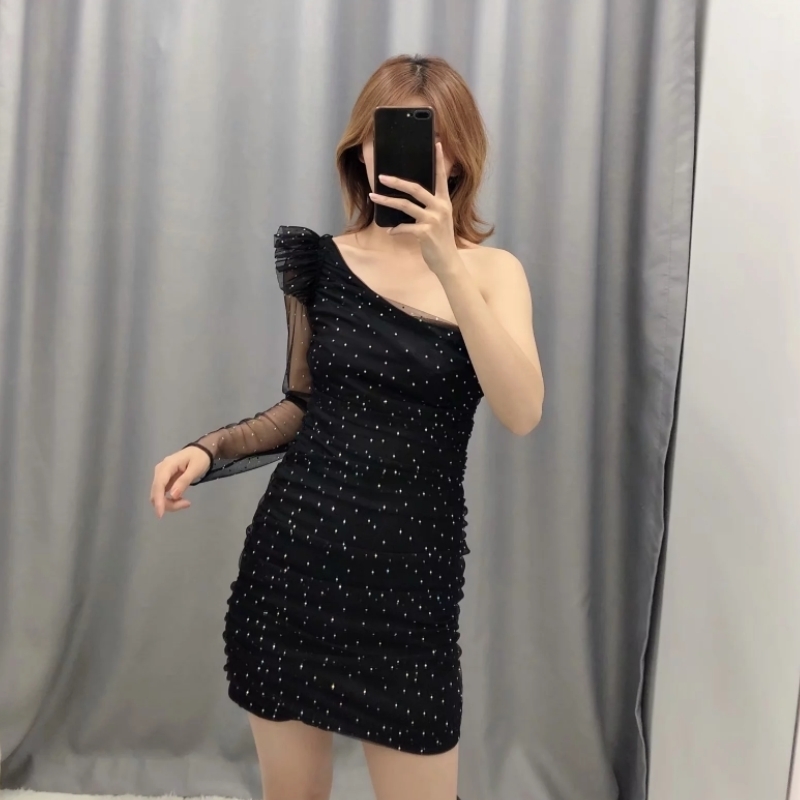 new women pleated ruffles asymmetric slim mini dress ladies sexy single shoulder vestidos sequins decoration dresses DS3116 T200604