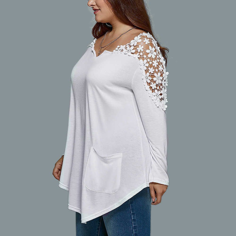 Plus Size Fashion Summer Lady Lace Women Girls Long Sleeve T-shirt Casual Top V-Neck Solid Lace Large Size Woman Clothes 6XL 7XL 201028