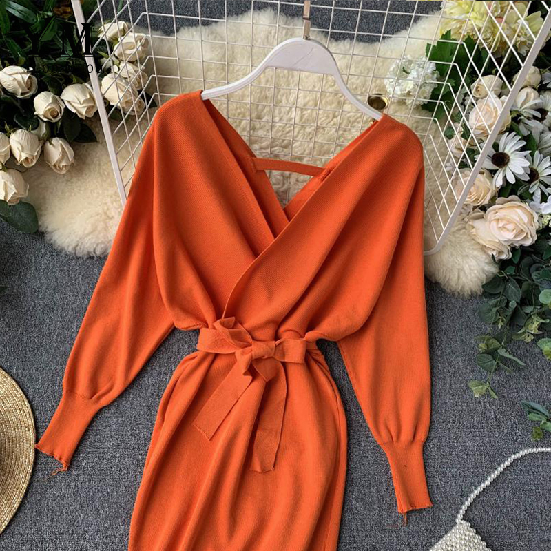 YuooMuoo Autumn Winter Women Knitted Sweater Dress Korean Long Batwing Sleeve V Neck Elegant Dress Ladies Bandage Dress 201030