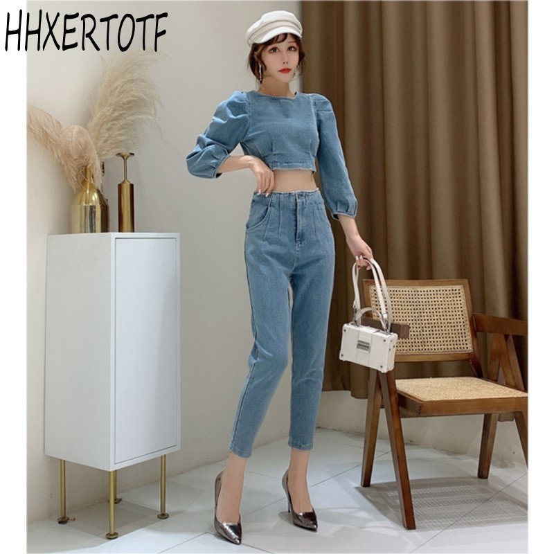 spring Sexy Denim Two Piece Set Women Fashion Round Neck 3/4 Sleeve Navel Top + High Waist Denim Pencil Pants 2 Piece sets 201119