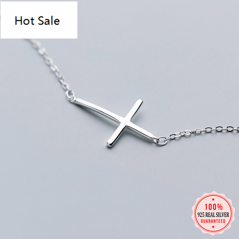 Real 925 Sterling Silver Fashion Bent Cross Pendant Clavicle Necklace or Women Wedding Party S925 Jewelry