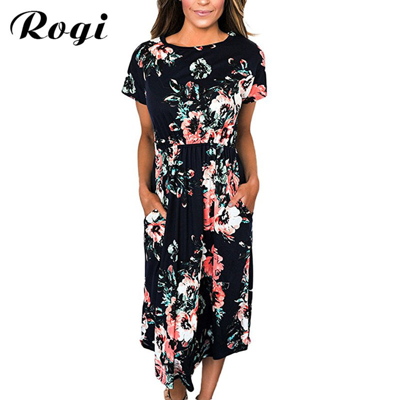 Rogi Vestidos De Verano 2020 Summer Printed Boho Tunic Dress Short Sleeve Casual Sundress Ladies White Dresses Robe Femme Ete T200604