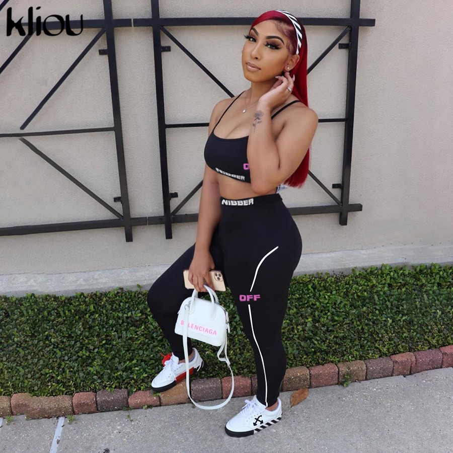 Kliou letter print tracksuit women fitness casual two piece set sporty sleeveless tank topstriped leggings fashion active wear T200826