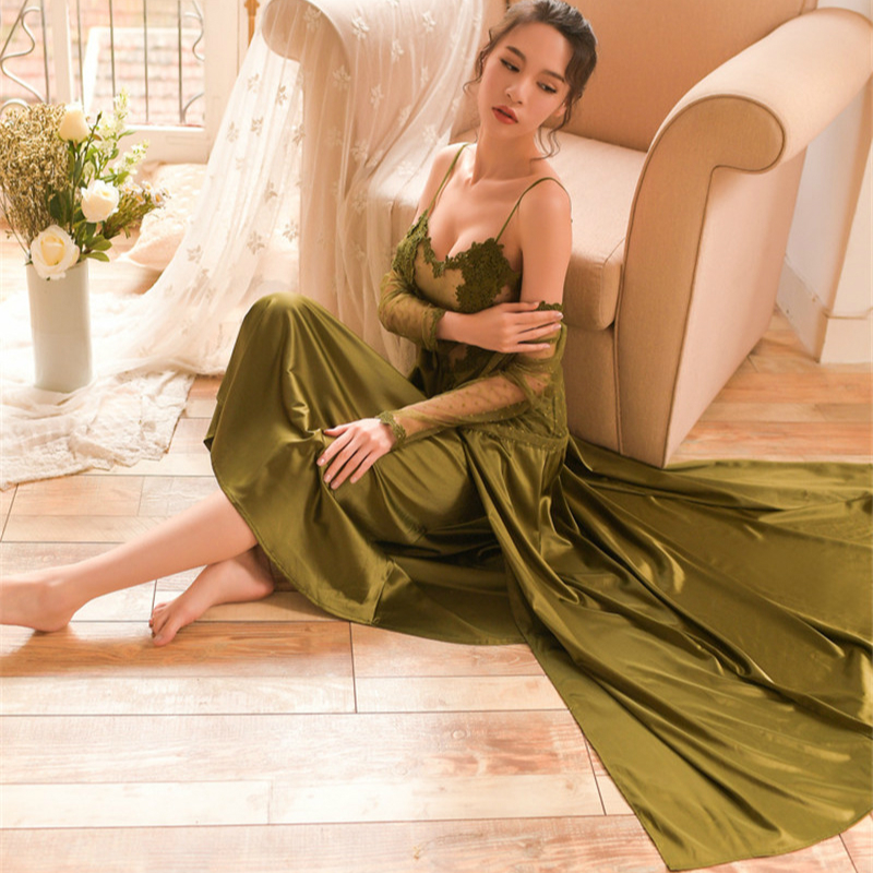 Sexy Women Robe Gown Set Twinset Bathrobe Night Dress Two Pieces Sheer Sleepwear See Through Long Robe Set Sex Nightwear H676 210203