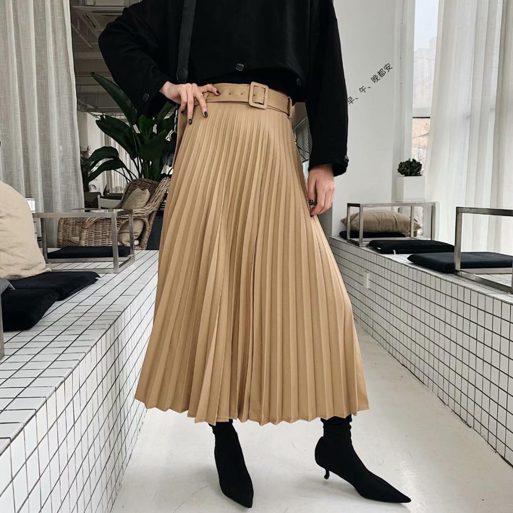 New Women fashion belt solid color pleated midi skirt faldas mujer ladies side zipper vestidos retro casual slim skirts QUN481 T200106