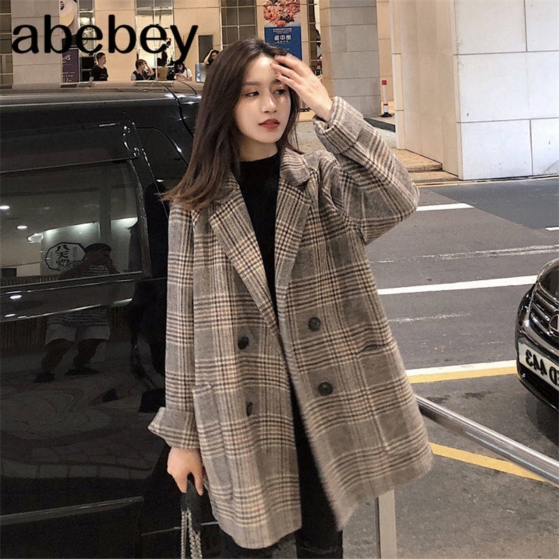 Wool Blends Women Classic Medium-long Style Womens Plaid Students Korean Outwear Elegant Vintage Double Breasted Oversize Modern 201222