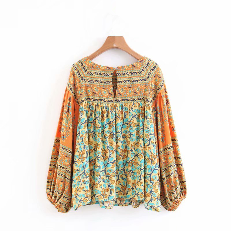 Vintage chic Women Bohemian floral print long sleeve blouse shirt loose harajuku knited Boho beach rayon shirts blusa T200321
