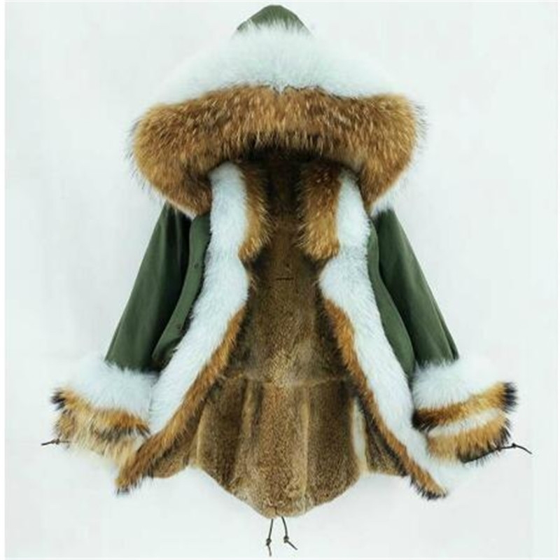 New Women Real Coat Winter Jacket Rabbit liner Thick Warm Natural Raccoon Fox fur Collar Hood Cuffs Long Parka 201112