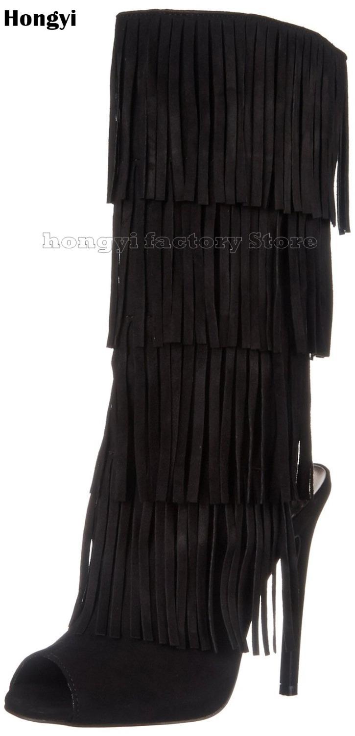 New arrive Autumn Spring Black Faux Suede Leather Long Fringe Thin High Heeled Boots Women Peep Toe Stiletto Heel Mid-Calf Boot, As showed color
New arrive Autumn Spring Black Faux Suede Leather Long Fringe Thin High Heeled Boots Women Peep Toe Stiletto Heel Mid-Calf Boot, As showed color