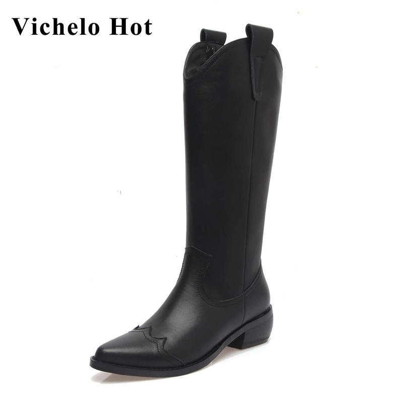 Vichelo Hot split leather pointed toe med heel western boots simple style solid mature young lady elegant knee-high boots L39, Black
Vichelo Hot split leather pointed toe med heel western boots simple style solid mature young lady elegant knee-high boots L39, Black