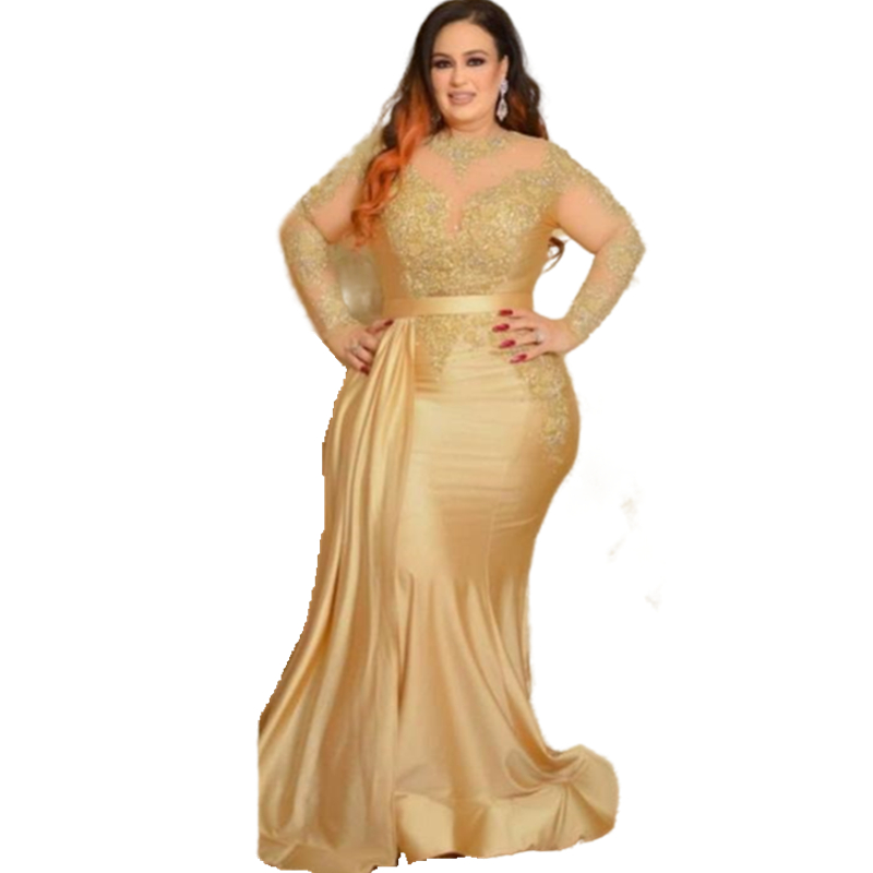 Elegant Gold Long Sleeve Mermaid Evening Dresses For Women Appliques Lace Illusion Crew Neck Plus Size Formal Occasion Gowns Peplum Sweep Train Prom D