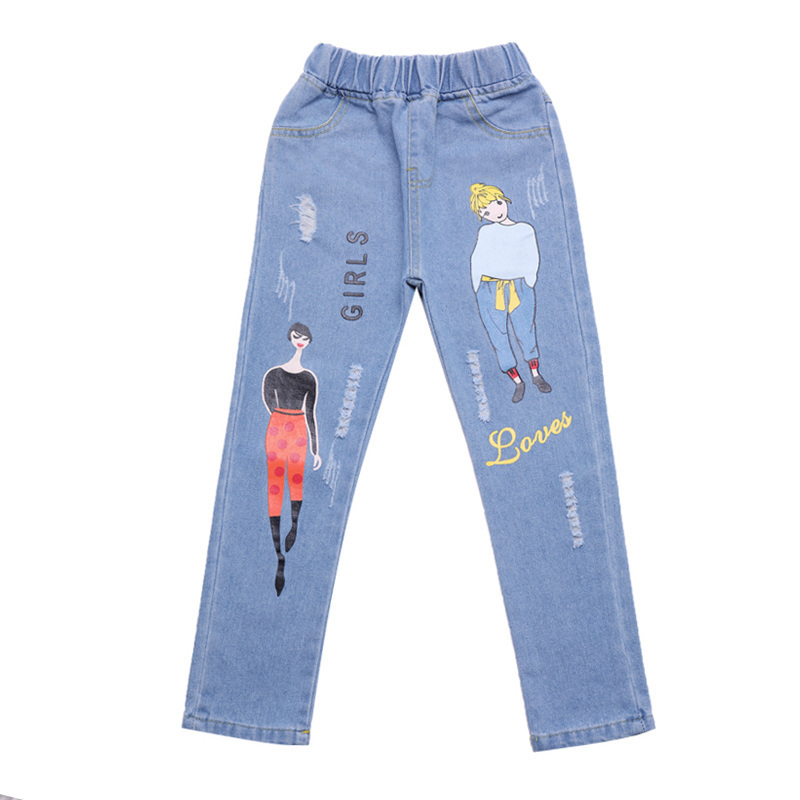 Fashion Cartoon Jeans for Girls Teenage Children Jeans Elastic Waist Denim Pants Kids Trousers for Girls Kids Clothes 4-13T LJ201127