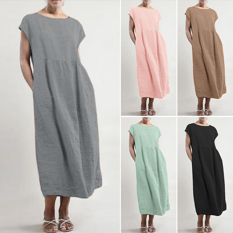 ZANZEA Linen Midi Dress Women's Summer Sundress Fashion Short Sleeve Shirt Vestido Elegant Female O Neck Pleated Party Robe T200620