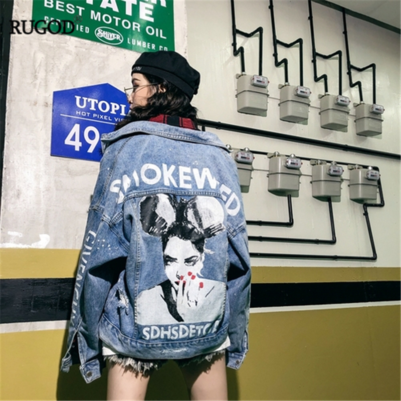 RUGOD New Women Loose Denim Jacket Back Character Letter Print Punk Style Oversize Coat Chic Korean vintage Jean Jacket 201106