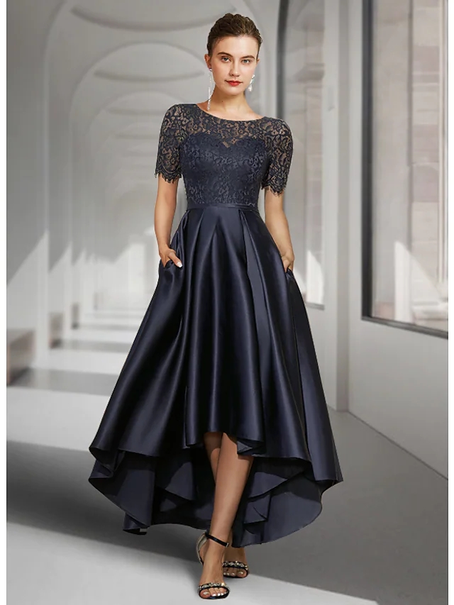 Dark Navy High Low Cocktail Party Prom Dress Jewel Neck Asymmetrical Lace Satin Short Sleeve Formal Gown 2022 Robe De Soiree Vestidos