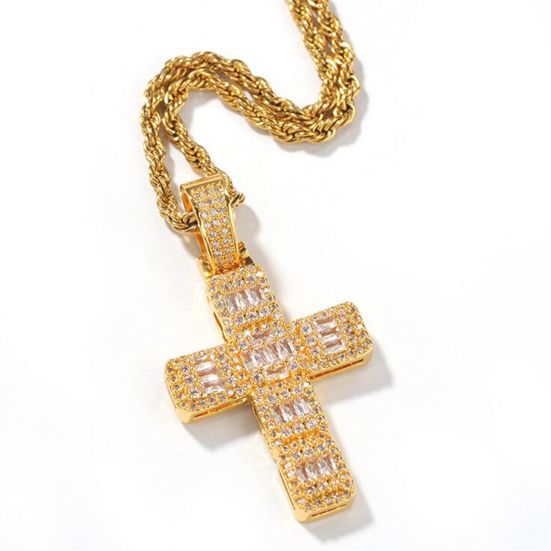 Hip Hop Cross Pendant Necklace for Men & Women 2024 Vintage Jewelry Gold Fill Stainless Steel Chain | Princess Cut White Topaz CZ Dia