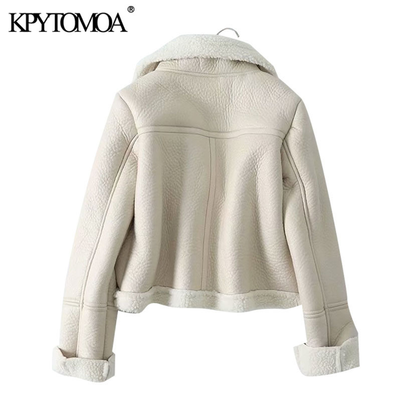 KPYTOMOA Women Fashion Thick Warm Winter Fur Faux Leather Cropped Jacket Coat Vintage Long Sleeve Female Outerwear Chic Tops