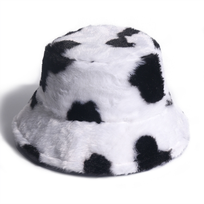 Winter Warm Bucket Hat Fluffy Plush Thick Fisherman Caps Fashion Cow Print Soft Autumn Sun Hat Female Basin Chapeau