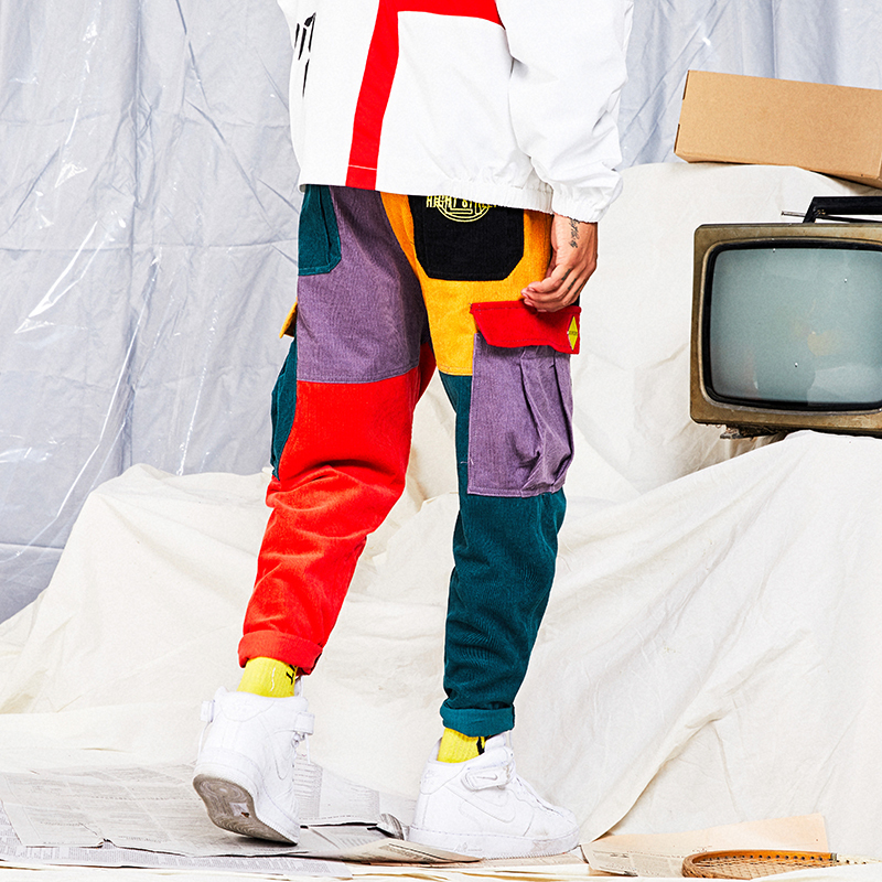 Aelfric Eden Corduroy Sweatpants Cargo Pants Men Harem Jogger Vintage Color Block Patchwork Corduroy Hip Hop Harajuku Trousers 201027