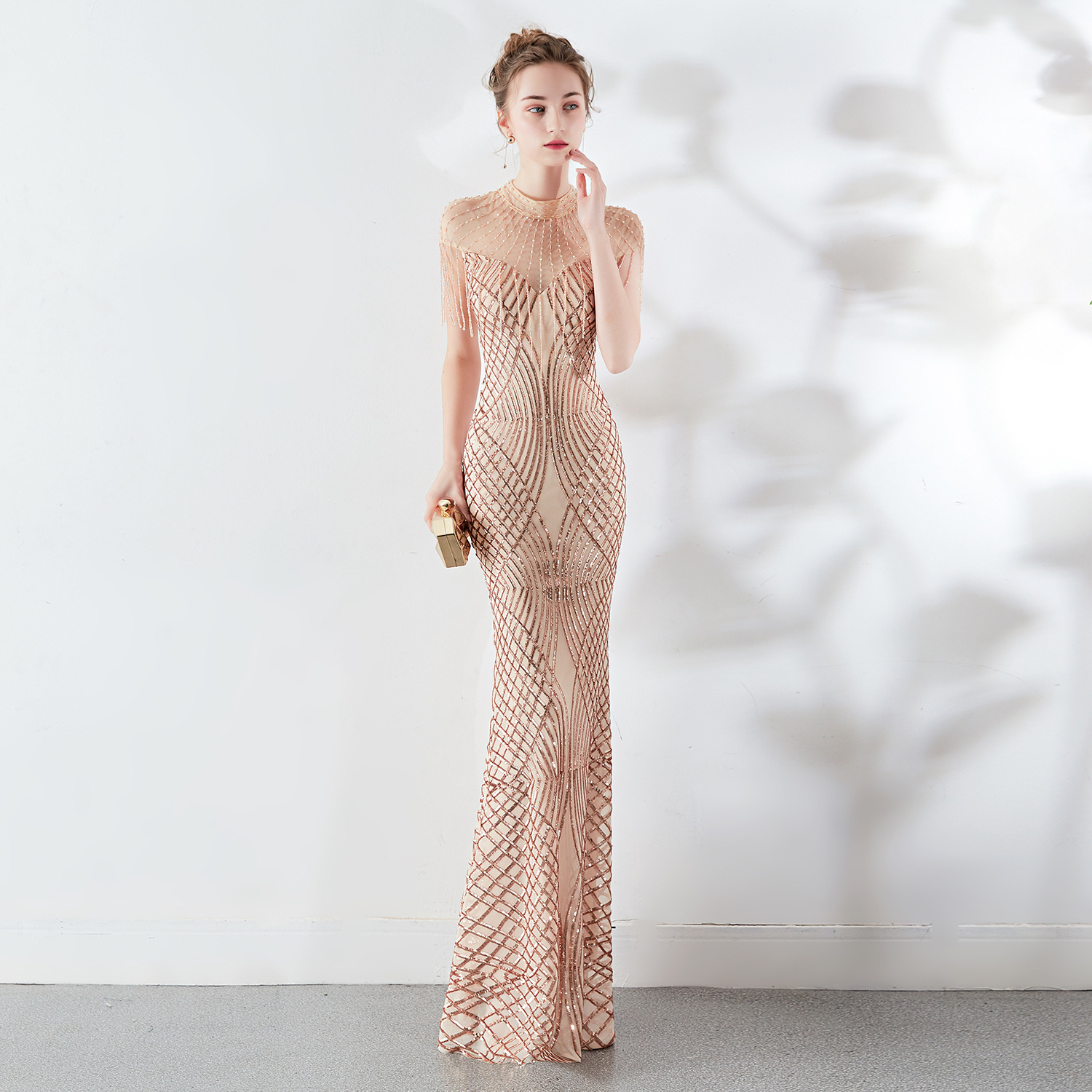 High Neck Mermaid Prom Formal Dresses Burgundy Sparkly Beaded Sequins Tassel robe de soirée de mariage Fishtail Evening Gown