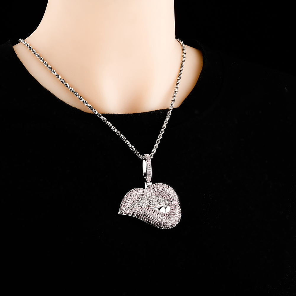 Two Tone Pink Purple Cubic Zirconia Charm Drip Lips Pendant Necklace Hip Hop Iced Out CZ Personalized Lip Jewelry Bijoux Gift for Women Girl