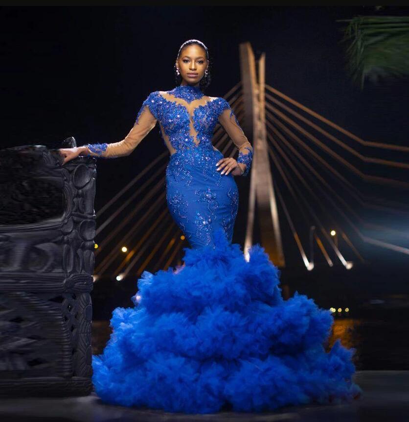 Royal Blue Mermaid Prom Dresses Lace Appliques Ruffles Sweep Train Evening Dress Custom Made Long Sleeves Formal Celebrity Party Gown