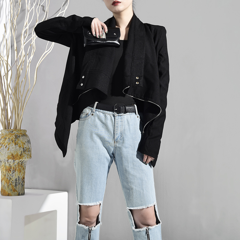 EAM Spring Autumn Stand Collar Long Sleeve Brief Zipper Personality Loose Short Jacket Women Coat Fashion JI1020 201017