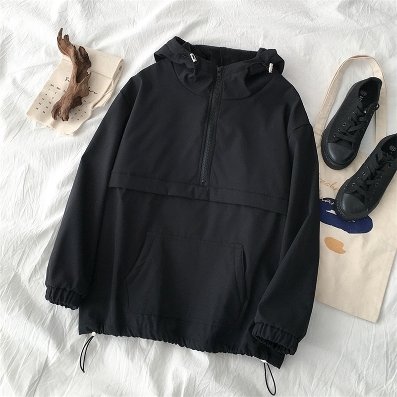 Harajuku Safari Style Thickening Loose Jacket Women Casual Black Hooded Zipper Fly Warm Pullover Female Straight Coton Tops 201112
Harajuku Safari Style Thickening Loose Jacket Women Casual Black Hooded Zipper Fly Warm Pullover Female Straight Coton Tops 201112
