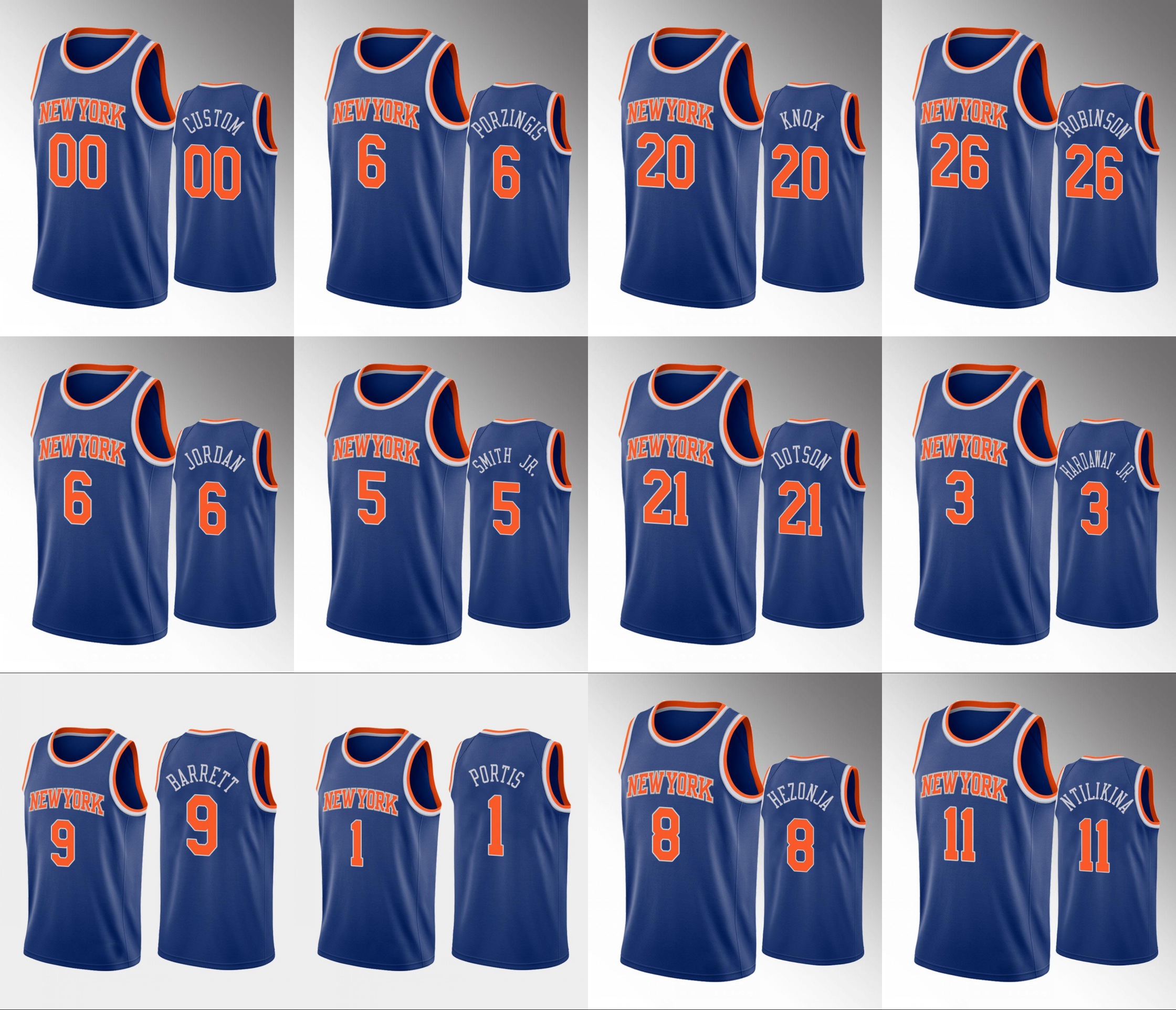 New York Knicks Men Damyean Dotson Mitchell Robinson Kristaps Porzingis RJ Barrett NBA Blue Custom Icon Jersey, Black
New York Knicks Men Damyean Dotson Mitchell Robinson Kristaps Porzingis RJ Barrett NBA Blue Custom Icon Jersey, Black