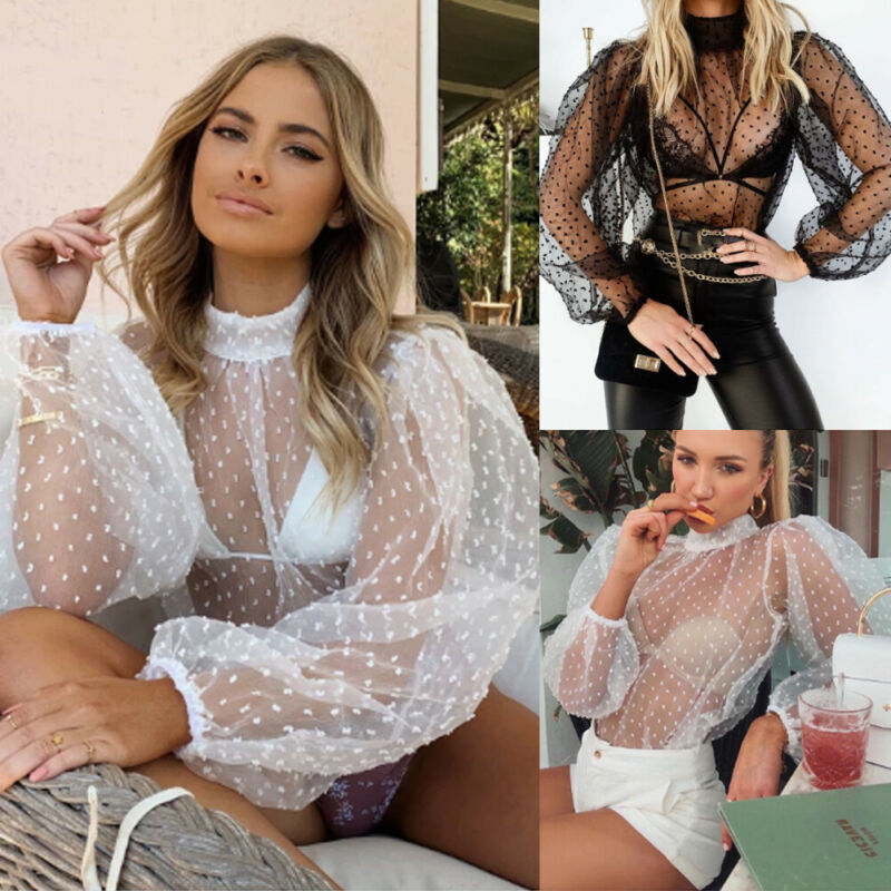 Women Blouses Shirts Polka Dot Mesh Sheer Sexy See-through Puff Long Sleeve Tops Blouse Ladies Female Turtleneck Shirts OL Wear Newest