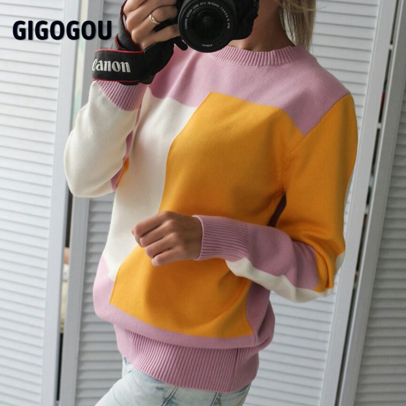 Multicolor Autumn Winter Women Sweater O-Neck Knitted Jumper Top Loose Casual Warm Femme Sweater 201224