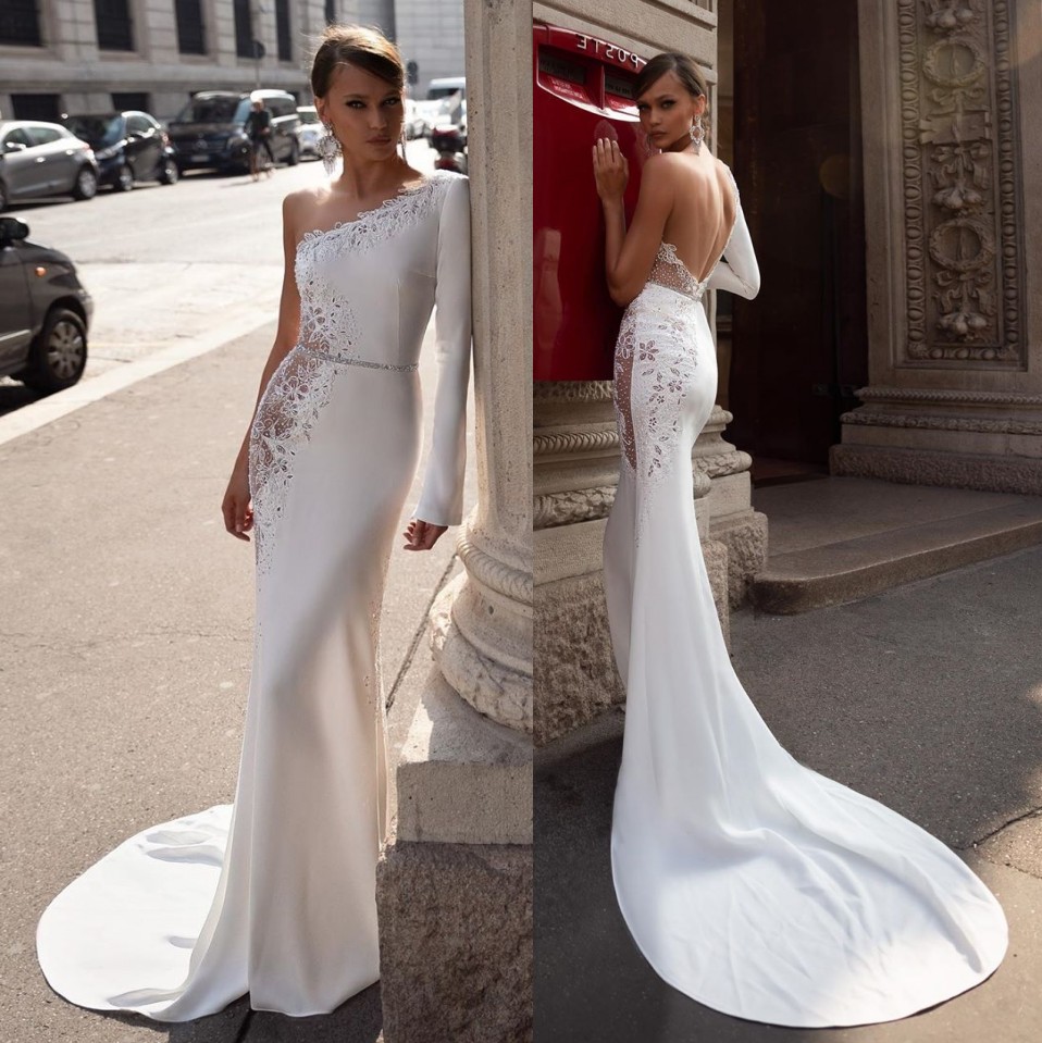 Lace Attractive Mermaid Backless Wedding Dresses Beaded One Shoulder Long Sleeves Bridal Gowns Sweep Train Chiffon Robe De Marie