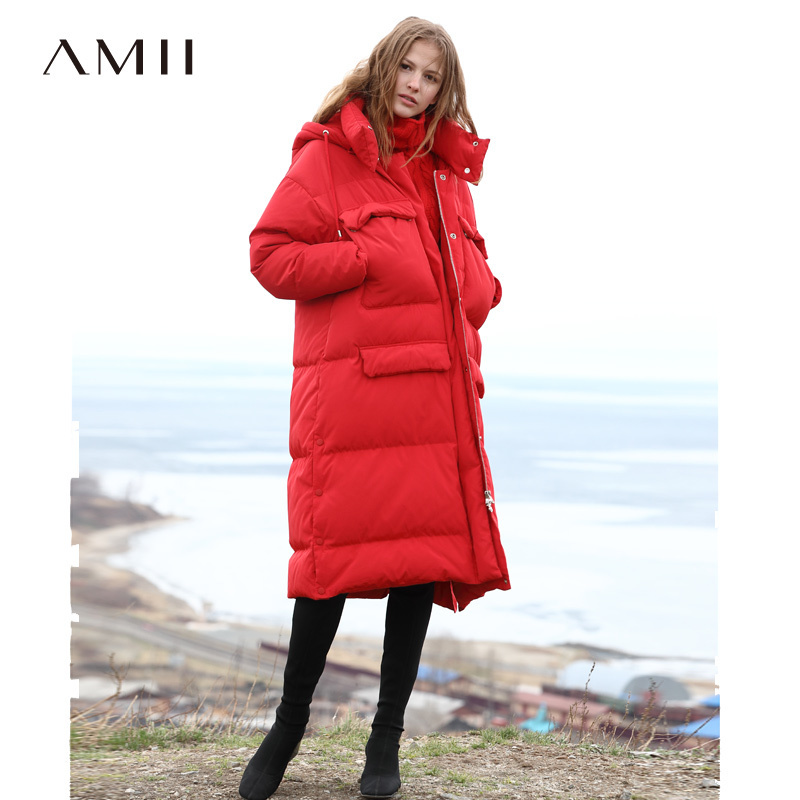 Amii Minimalist Women Long Down Jackets Winter Causal Soild Pockets Thick Warm White Duck Down Female Hooded Down Coat 11840275 201019