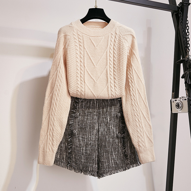 ICHOIX winter knitted sweater 2 piece set women shorts set Korean style warm 2 piece outfits elegant student 2 pcs set clothing T200325