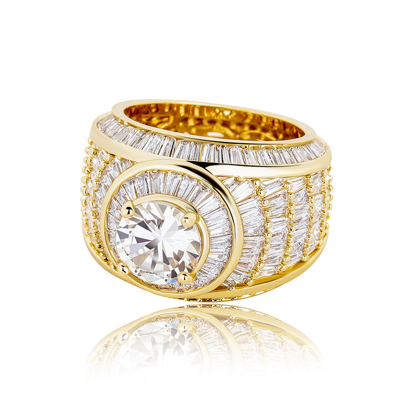 Men's Hip Hop Full Diamond Stone Rings Bling 18k Real Gold Plated 5A Cubic Zircon Finger Ring Jewelry Gift