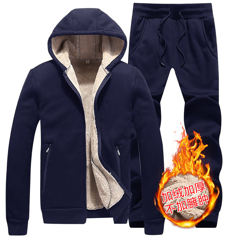 Mens suit Winter Thick Men Casual Tracksuit Sportswear Zipper Mens Hooded Sets Warm Plus Velvet Sports Suit Solid Color 201123