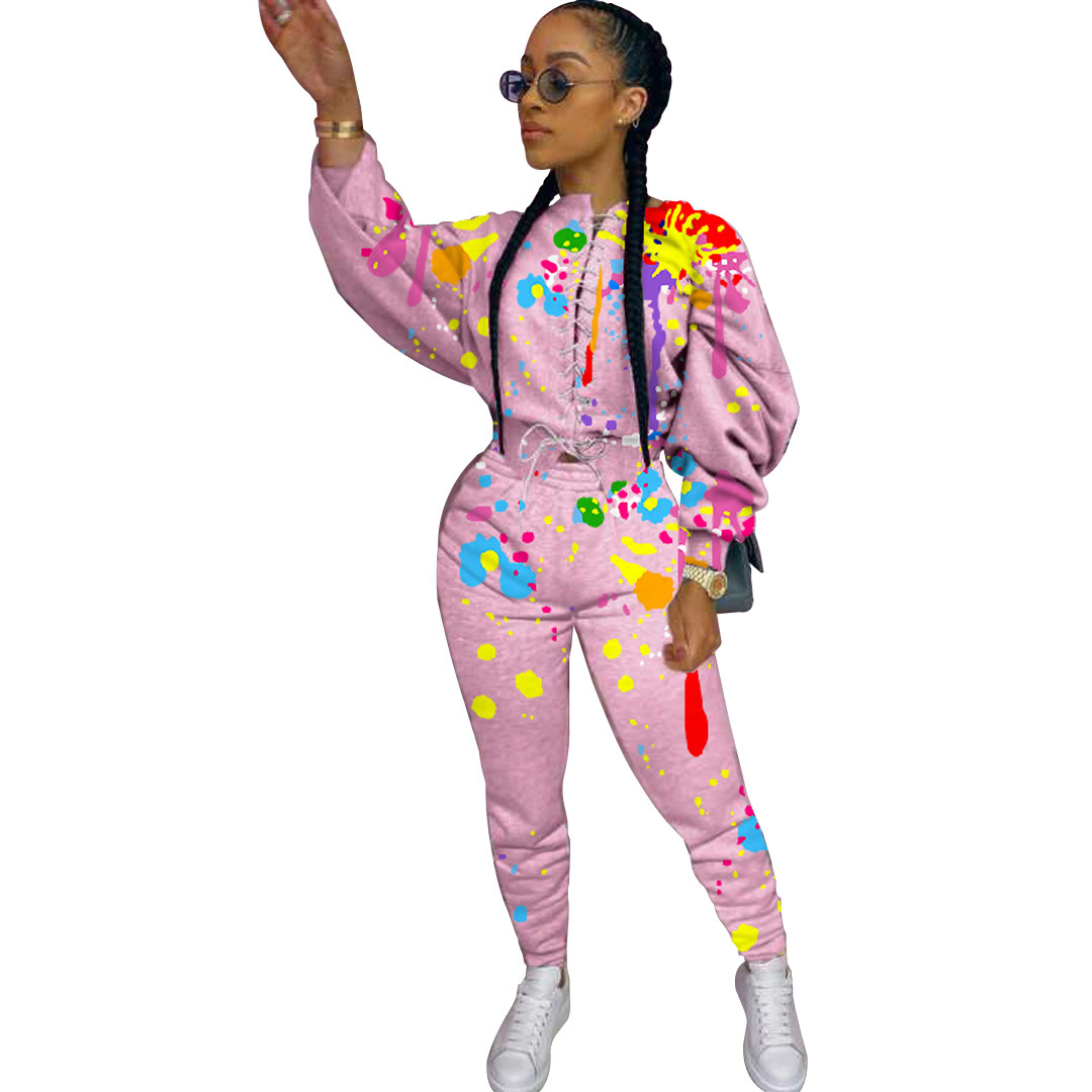 Women's Two Piece Pants European and American women's fashion lace-up graffiti printed sweater two-piece suit