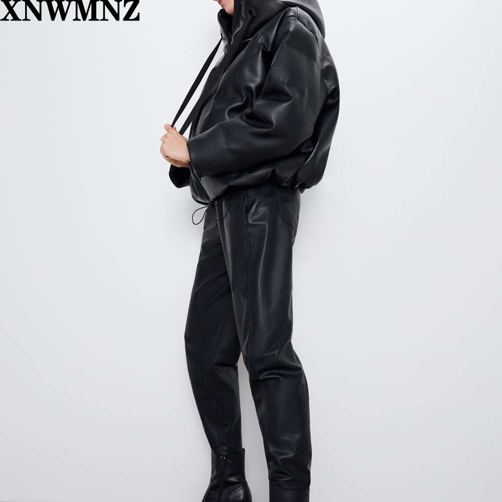 Za Women black fur faux leather jacket coat oversized zipper Winter Female Thick pu hooded jacket Overcoat High quality 201019