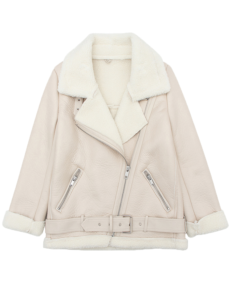 Fitaylor Women Winter Faux Lamb Leather Jacket Turndown Collar Warm Thick Faux Leather Lambs Wool Fur Collar Suede Jacket Coats 201226