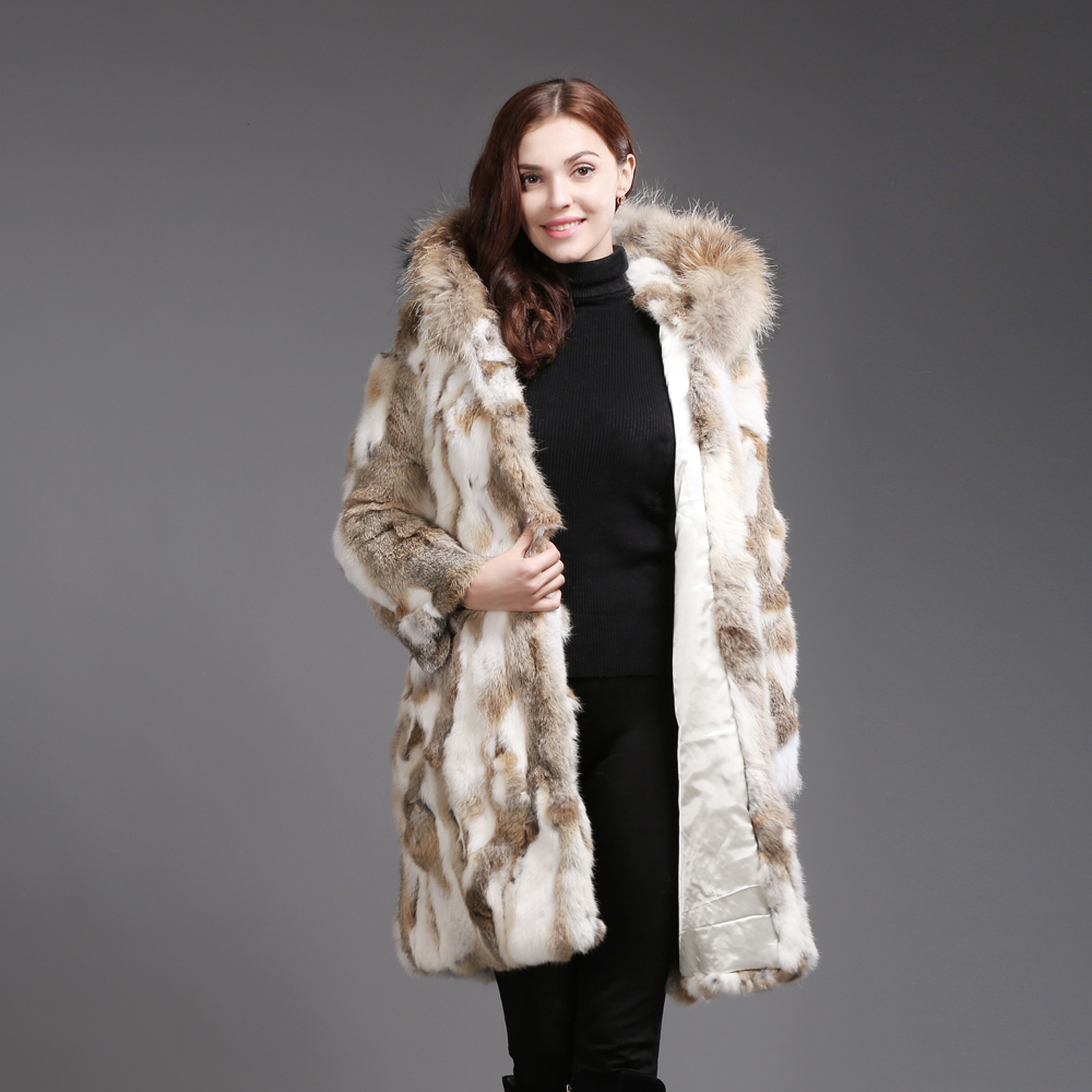 New Fashion Women Real Coat Winter Warm Soft Jacket With Raccoon Collar Hooded Rabbit Fur Outerwear LJ201204
