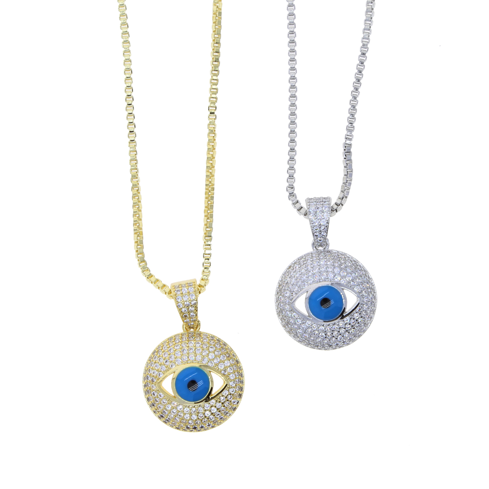 Hip hop Turkish Evil Eye charm necklace Jewelry For Women 5A Cz paved round pendant blue Eye Choker Necklace with box chain